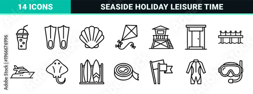 Summer Beach Vacation Outline Icon Set Featuring Minimalist Geometric Line Art for Travel Apps and Seasonal Marketing Graphics Design