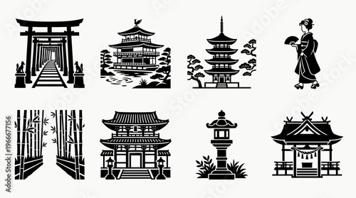 Kyoto Landmarks and Traditional Japanese Culture Silhouette Vector Icon Set – Elegant Vectors Featuring Torii Gates, Pagodas, Temples, Bamboo Forests, and Geisha in Minimalist Black Profiles