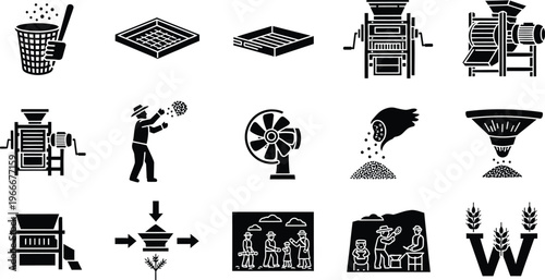 Agricultural icons: harvesting, processing, and farming equipment and people, rural life, black and white