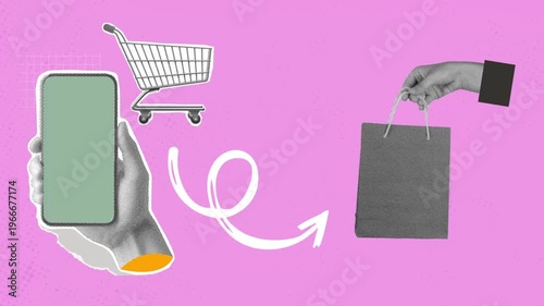 Halftone art Collage for online shop, header design Collage of shopping cart hand holding mobile phone.