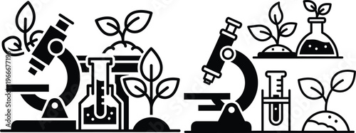 Scientific research icons: microscope, plants, and lab equipment, science and technology, test tube