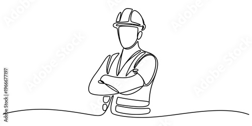 A single continuous line drawing of a confident construction worker wearing a safety hard hat. Vector, illustration