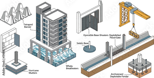 Coastal Protection and Disaster Resistant Architecture Set Featuring Breakwaters, Flood Gates, Seismic Base Systems and Structural Engineering Solutions Vector Illustration