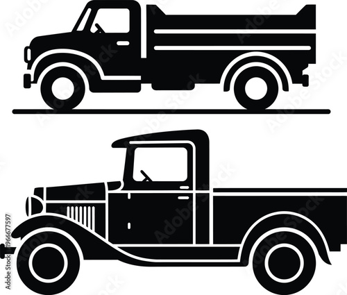 Vintage dump truck and pickup truck silhouettes - retro vehicle icons with heavy duty with black and white