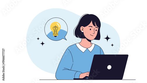 Creative young woman working on her laptop with a glowing lightbulb in a thought bubble representing a great idea or successful problem solving.