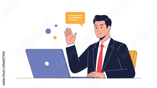 Friendly businessman in a suit sitting at his desk and waving during a video call on his laptop with a chat bubble and abstract shapes background.