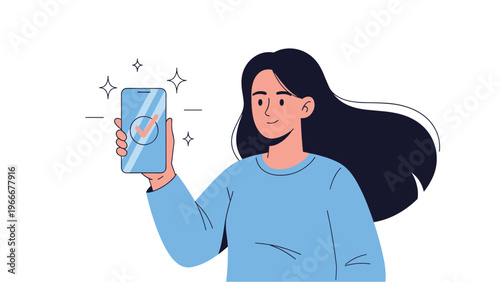 Happy young woman holding a blue smartphone with a large orange checkmark on the screen indicating a successful transaction or app completion.
