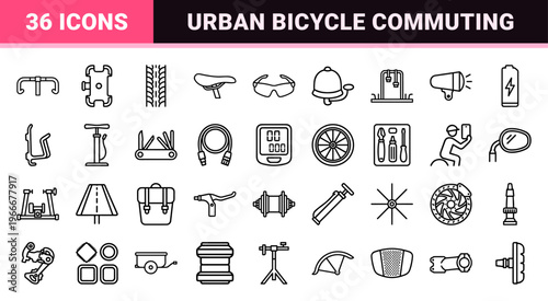 Cycling and Bicycle Maintenance Minimalist Monoline Line Art Featuring Equipment Parts Gear and Urban Commuting Transportation Symbols