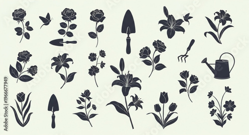 Collection of Botanical Silhouettes and Gardening Tools.