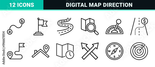 Minimalist Navigation Line Art for GPS and Mapping. Geometric Vector Symbols for Global Positioning Systems and Wayfinding Utility.