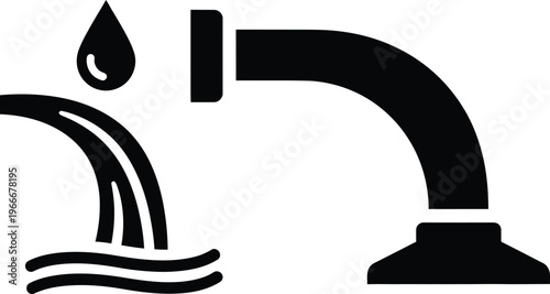 Water flowing from pipe silhouette - liquid droplet icon for plumbing and energy with black and white