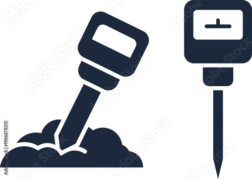 Soil testing tools icons: jackhammer and probe, agriculture concept, white background, agriculture equipment