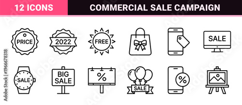 Promotional Marketing and Retail Advertising Outline Symbols Featuring Geometric Reductive Line Art for Commercial E-commerce User Interfaces