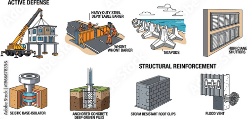 Disaster Resistant Construction and Structural Reinforcement Set Featuring Flood Barriers, Seismic Isolators, Hurricane Shutters and Coastal Protection Engineering Vector Illustration