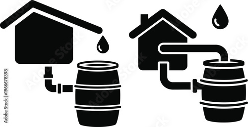 Rainwater harvesting icons: barrel and house, water conservation illustration, eco friendly, white background