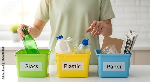 Person sorting household waste into colorful recycling bins for glass plastic and paper in a bright kitchen setting