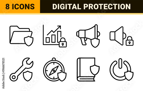 Cyber Security and Access Control Line Art: Minimalist Monoline Icons for Digital Identity, Data Protection, and Biometric Verification.