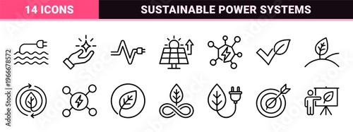 Green Energy and Sustainable Technology Minimalist Monoline Outline Symbols for Renewable Power and Environmental Conservation Ecology