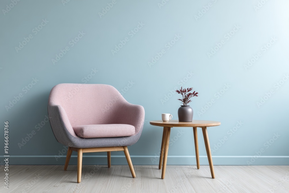 Obraz premium Modern armchair and side table in a room with light blue wall.