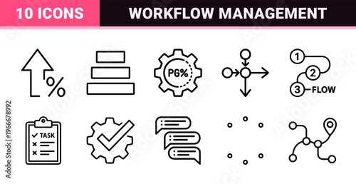 Business Workflow Management Line Art: Minimalist Monoline Geometric Symbols for Corporate Strategy, Project Planning, and Process Optimization.