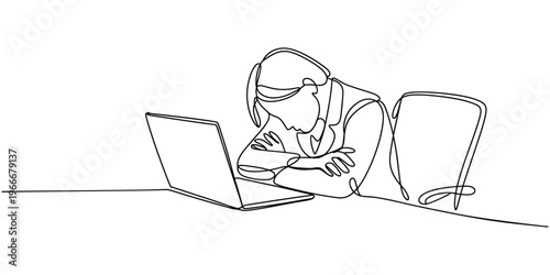 Continuous one line drawing professional burnout syndrome. Exhausted sick tired female manager in office sad boring sitting with head down on laptop. Single line design vector graphic illustration