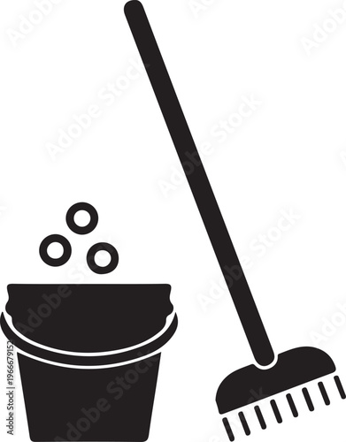 Black silhouette of a bucket and broom on a for cleaning
