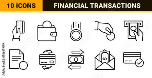 Minimalist Digital Banking and Bill Payment Outline Icons Featuring Geometric Line Art for Financial Transactions and Online Accounting.