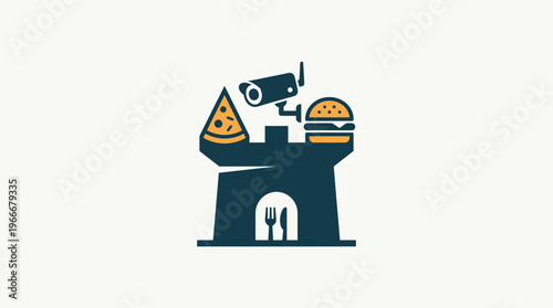 Fast Food Security Logo Fortress With Pizza Burger  Camera