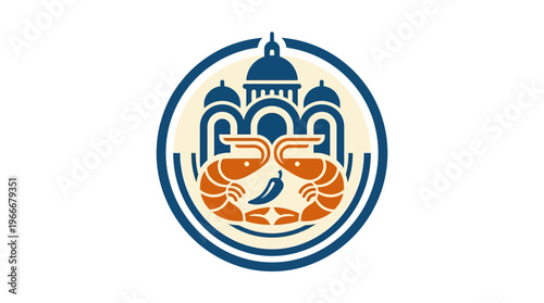Retro Seafood Restaurant Logo with Shrimps and Buildings