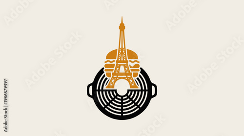 Parisian Burger Icon with Eiffel Tower and Grill