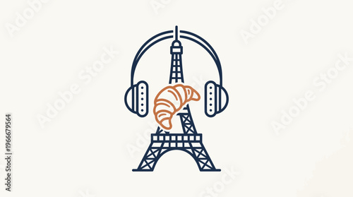Parisian Sounds Eiffel Tower with Headphones and Croissant