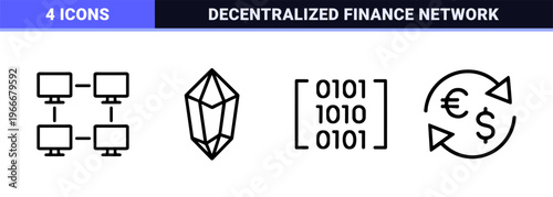 Blockchain Technology and Digital Finance Outline Icons Featuring Ultra Minimalist Monoline Geometric Line Art for Fintech Database Infrastructure