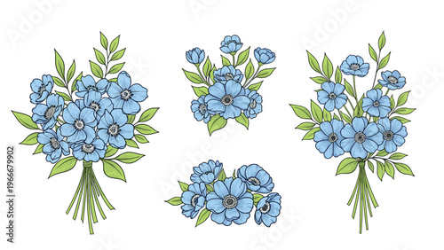Set of four hand drawn floral bouquets with blue flowers and green leaves arranged in various cluster styles.