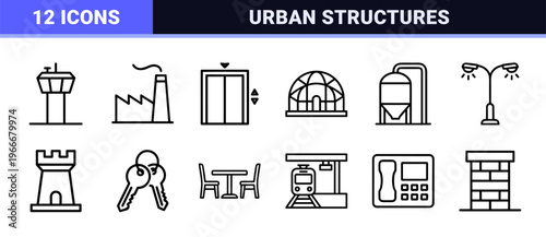 Architecture and Real Estate Minimalist Monoline Icons Featuring Urban Buildings, Industrial Facilities, and Residential Property Symbols.