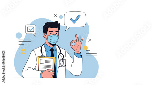 Male doctor wearing medical mask and white coat making ok hand gesture with checkmark icon in speech bubble.