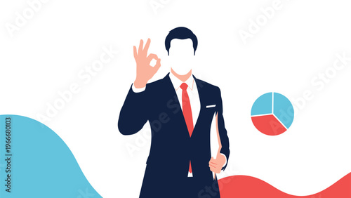 Businessman silhouette making ok hand gesture with pie chart and abstract shapes on a minimalist background.