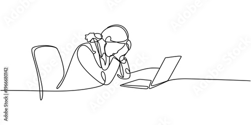 Continuous one line drawing professional burnout syndrome. Exhausted sick tired female manager in office sad boring sitting with head down on laptop. Single line design vector graphic illustration