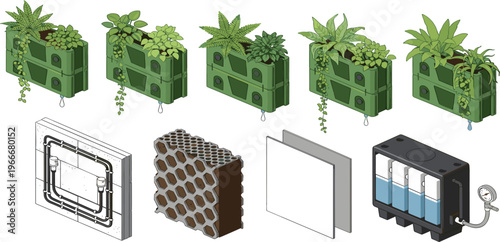 Vertical Garden Modular System Set Featuring Wall Planters, Irrigation Structure, Honeycomb Substrate and Hydroponic Green Wall Technology Vector Illustration