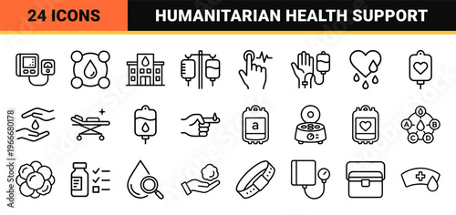 Hematology and Blood Donation Minimalist Monoline Icons for Medical App Interface and Healthcare Infographics in Geometric Line Art Style.