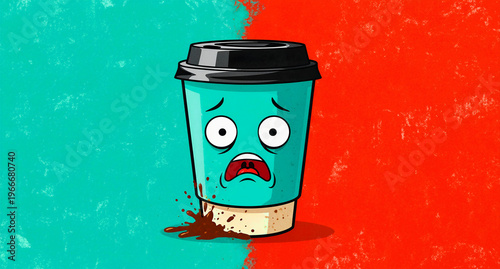 This distressed, vibrant teal coffee cup character, with its big, startled eyes and wide-open, screaming mouth, humorously conveys panic and a relatable sense of dread after a messy, dark coffee
