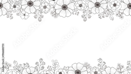 Horizontal floral borders featuring hand drawn black and white sketches of flowers and leaves on white background.