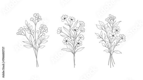 Set of three hand drawn wildflower bouquets in delicate black and white line art style on white background.