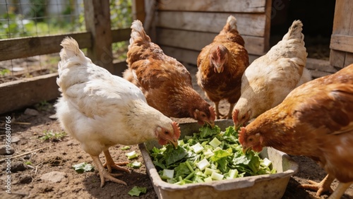 Ultra realistic documentary-style photograph of several chickens in a small farm, chickens eating chopped edible plants from a simple container on the ground, plants cut into small pieces,