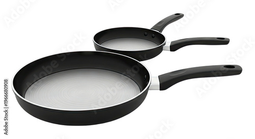 Two Black Non-Stick Frying Pans with Silver Swirl Interior