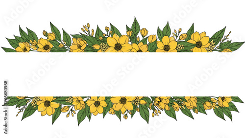 Vibrant horizontal borders with yellow flowers and green leaves on top and bottom of a blank white space.