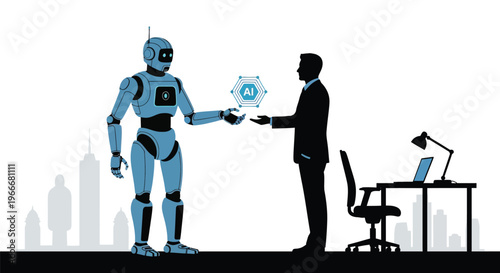 Businessman and robot exchanging artificial intelligence technology in a modern office setting with cityscape background