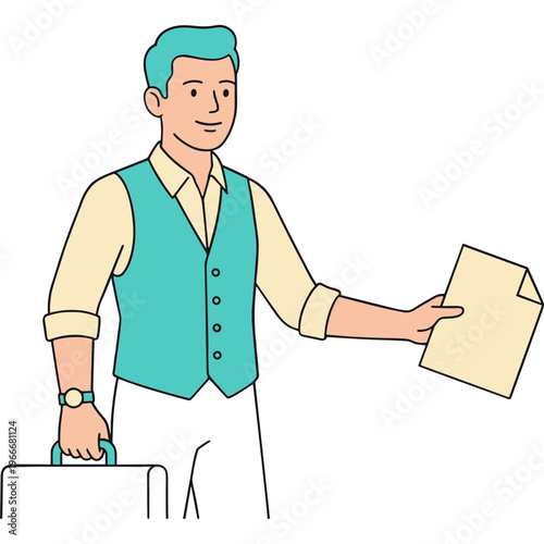 Businessman holding briefcase and document in office environment confidently