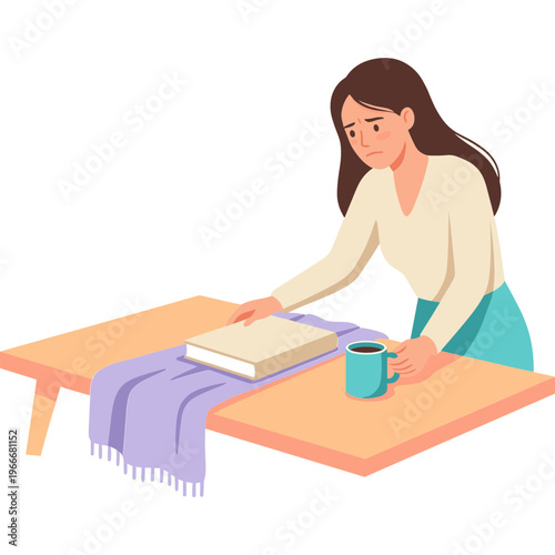 Woman arranging book and coffee on table with purple scarf indoors