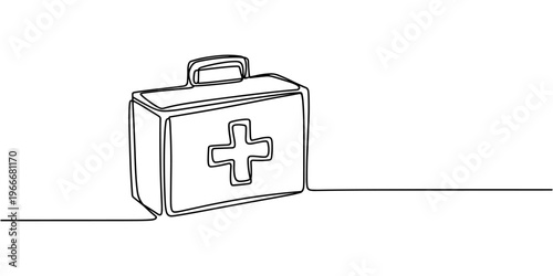 Continuous line drawing of first aid kit. Line art of first aid kit. One line drawing background. Vector illustration.