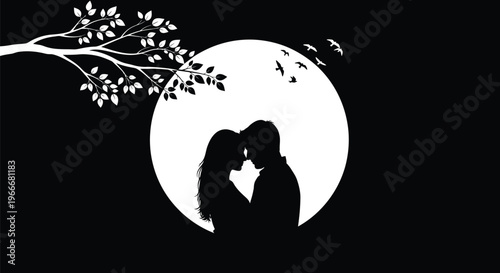 Silhouette of a romantic couple kissing in front of a full moon with a tree branch
